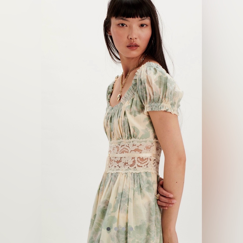Free People Honeysuckle Printed Maxi Dress Floral Lace Trim Cloud Combo
